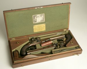 Pair of Flintlock Dueling Pistols with Case and Accessories by H.W. Mortimer and Sons